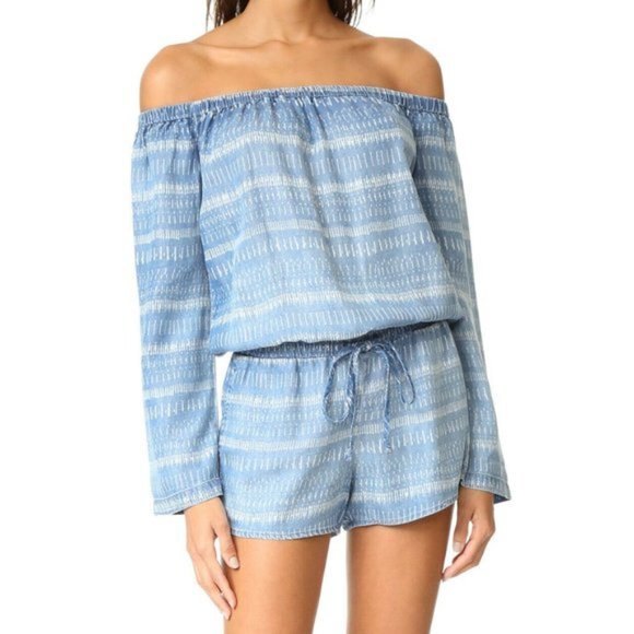 Bella Dahl Blue Chambray Tiki Stripe Off Shoulder Long Sleeve Romper Size Medium - Picture 1 of 8